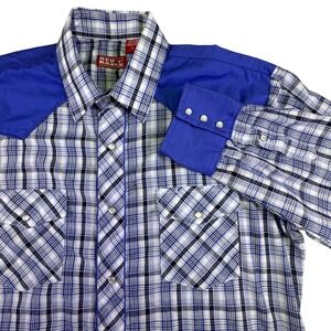 Red Ranch Western Shirt L Blue Plaid‎ Pearl Snap Cowboy Rodeo Country Style